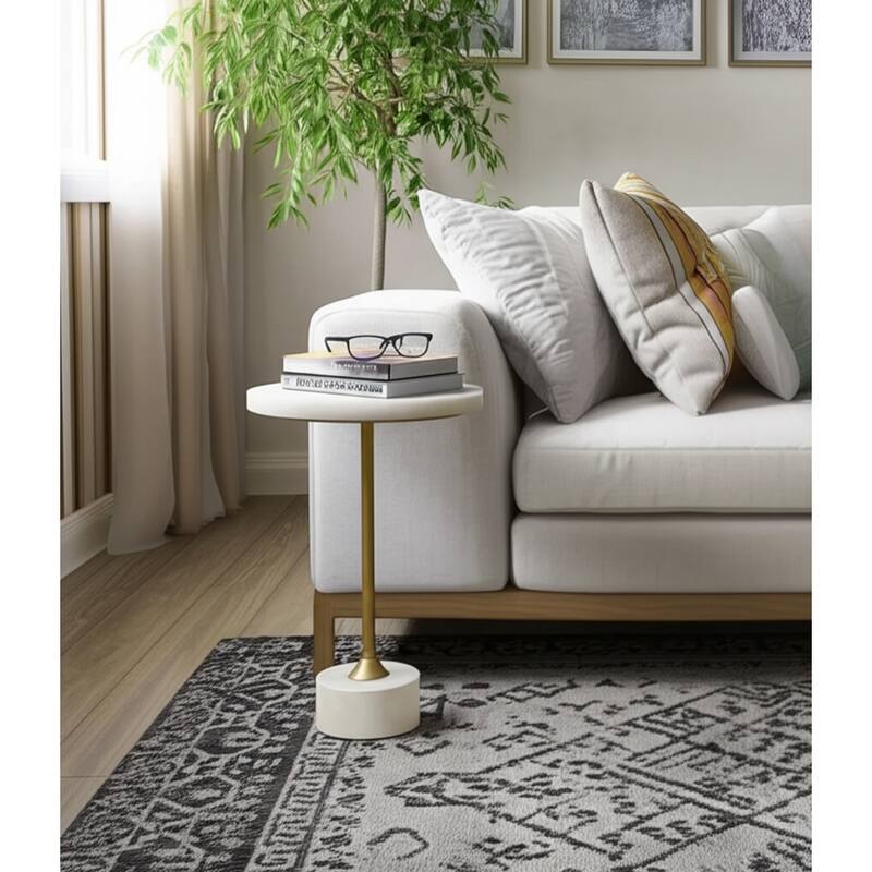 Marble Metal Side Table Modern Slim Base Narrow Round Top Home Decor - 24.0"