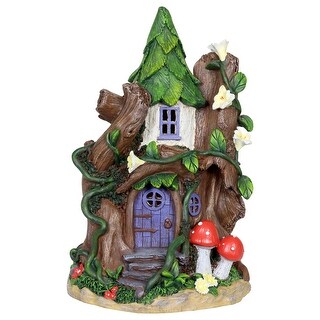 Exhart Solar Whimsical Fairy House Garden Statue with Purple Door and Two Red Mushrooms, 12 Inch