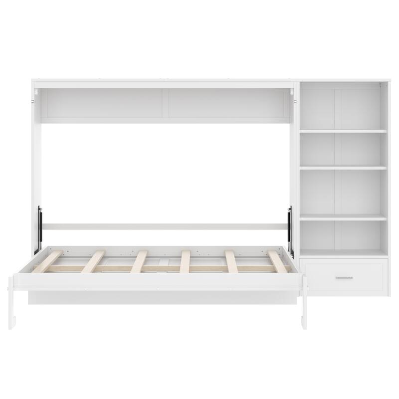 Queen Size Foldable Platform Bed With Height Adjustable Storage Compartments And Shelf,Wall Bed Frame With 1 Drawer