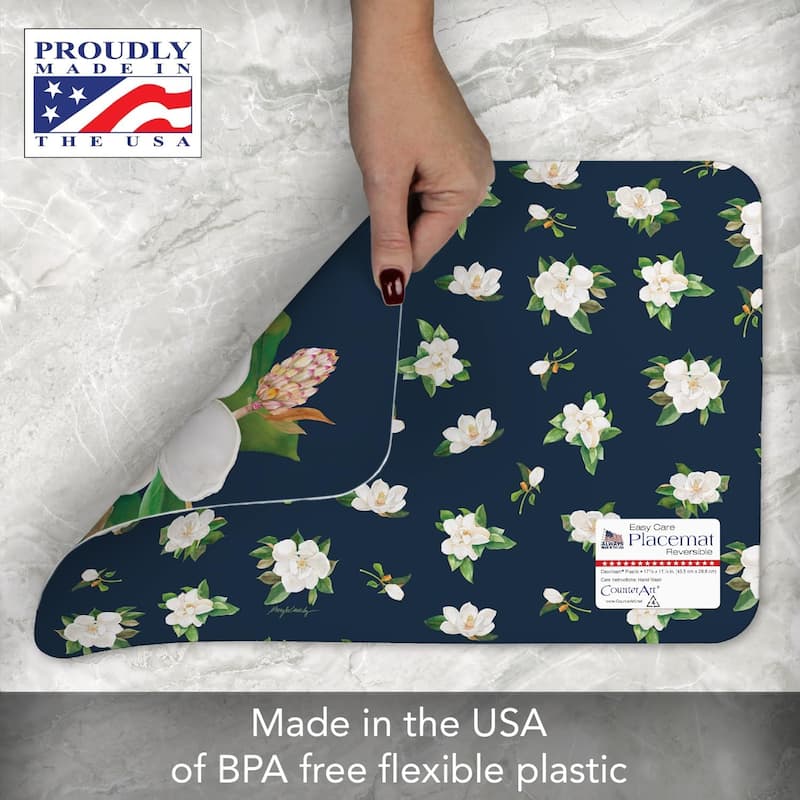 Magnolia in Bloom 4 Pack Reversible Easy Care Flexible Plastic Placemats Made in The USA BPA Free Easily Wipes Clean