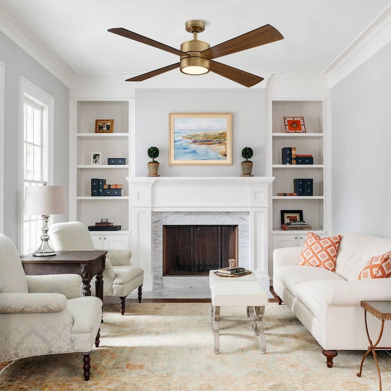 52" Wooden 4-Blade Brushed Brass LED Ceiling Fan with Remote