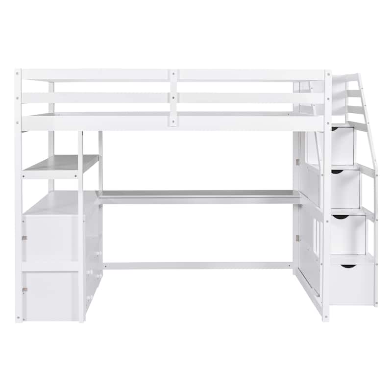 Full Size Loft Bed w/Desk,Shelves,Built-inDrawers,Storage Staircase