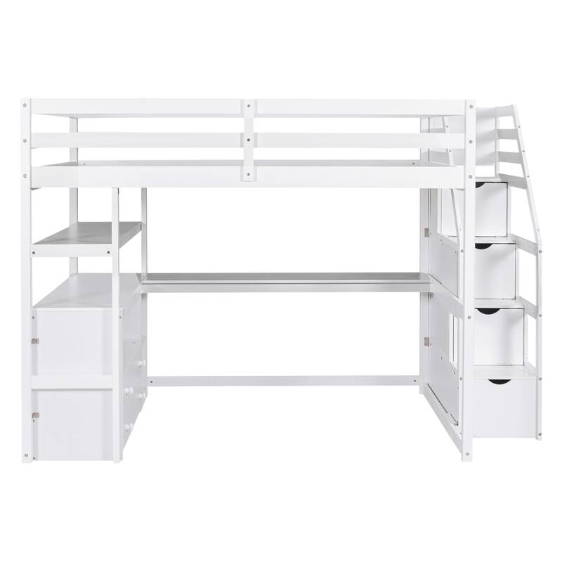 Full Size Loft Bed with Desk, Shelves, Drawers, and Storage Staircase in White
