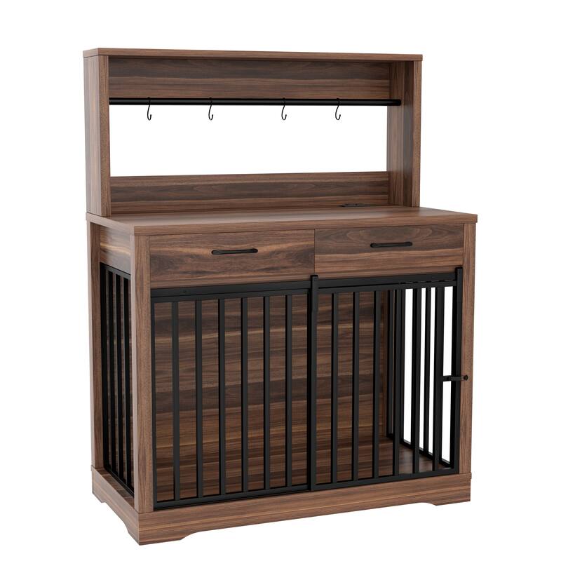 43.3" Dog Crate Furniture with 3 Drawers Indoor Wooden Dog Kennel, 2 Door Dog Cage End Table with Portable Feeder