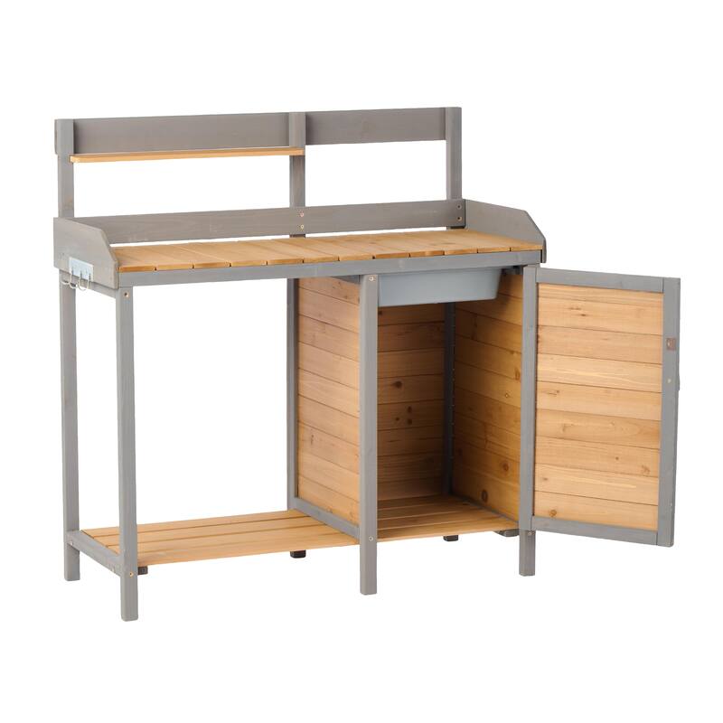 GDF Studio - Outdoor Solid Wood Potting Bench with Sink and Storage Garden Workstation
