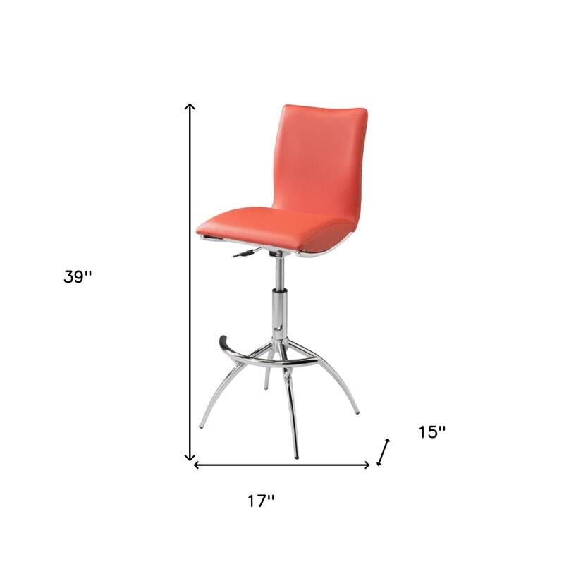 Set of 2 Contemporary Bar Stools with Faux Leather Saddle Seats and Adjustable Metal Base - 39”H x 17”W x 15”D