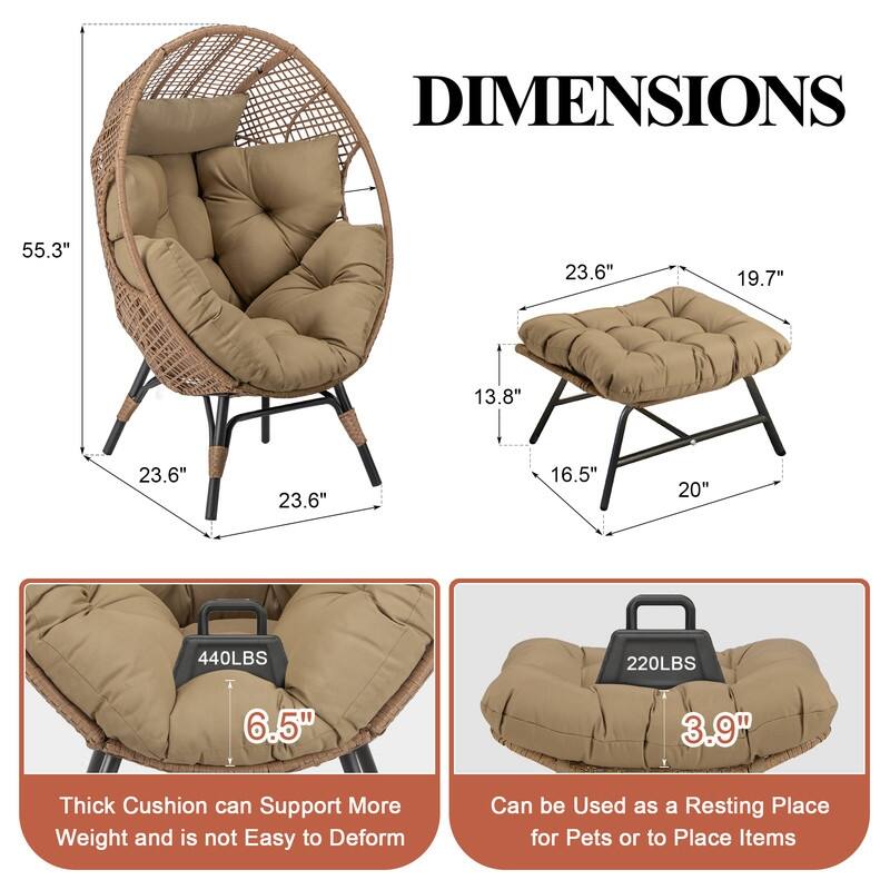 FINCATI Outdoor Wicker Egg Chair Set with Ottoman, Deep Seating, 440 lbs Capacity