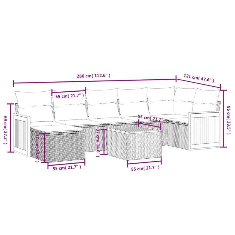 vidaXL Patio Sofa Set with Cushions Outdoor Conversation Furniture Poly Rattan - 24.4" x 24.4" x 27.2"