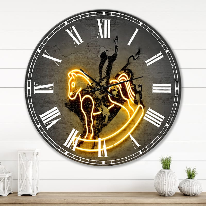 Designart 'Neon Rodeo Horse' Oversized Modern Wall Clock