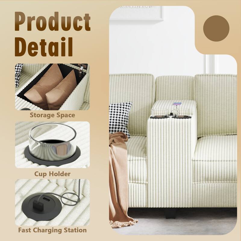 Corduroy L-Shaped Sectional Sofa with USB Charging, Storage & 3 Cup Holders, Reversible Seats