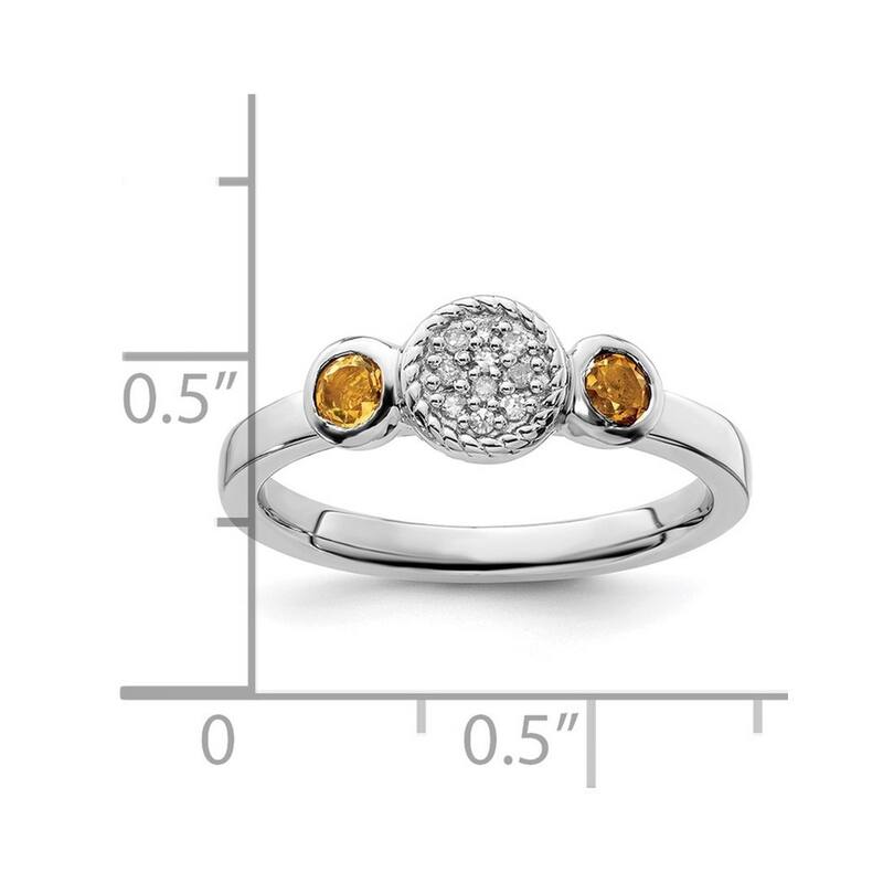 Curata 925 Sterling Silver Bezel Polished Prong set Stackable Expressions Db Round Citrine and Dia. Ring