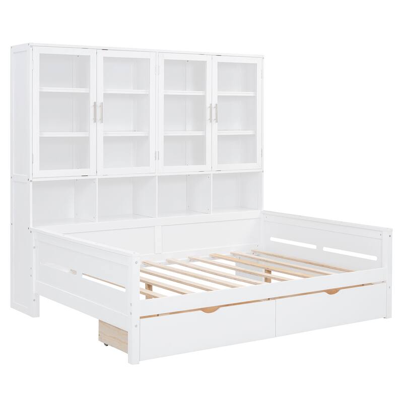 Full/Twin Size Daybed with Glass-Door Storage Cabinets, Built-in LED Lighting and Shelves