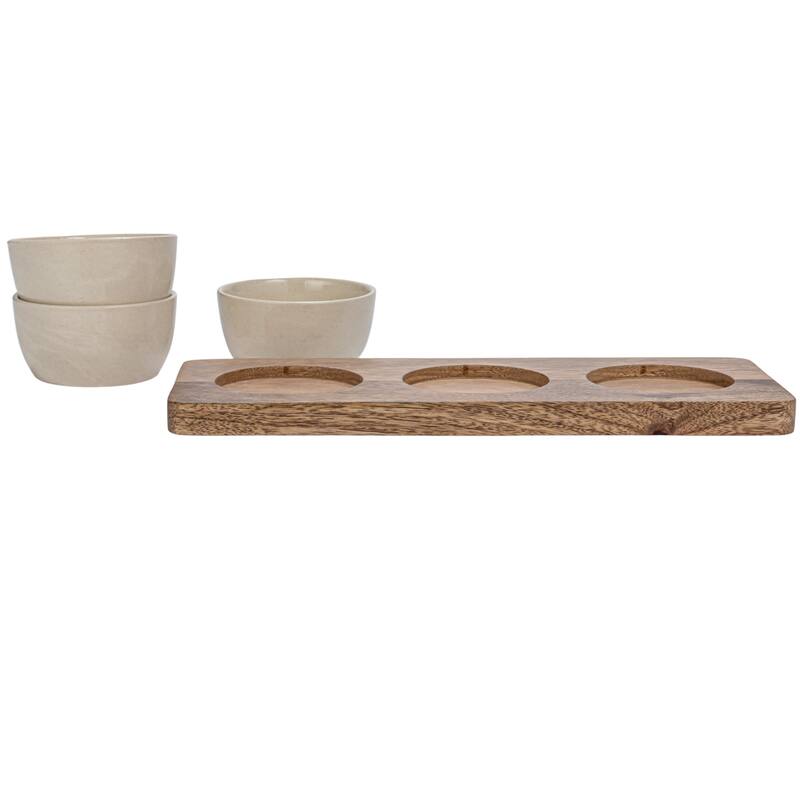 Stoneware Serving Dish with Mango Wood Base