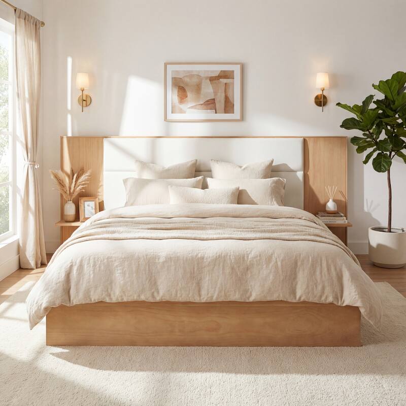 Christopher Knight Home - Avery Platform Bed Frame with Upholstered Headboard & Built-In Side Shelves, No Box Spring Needed