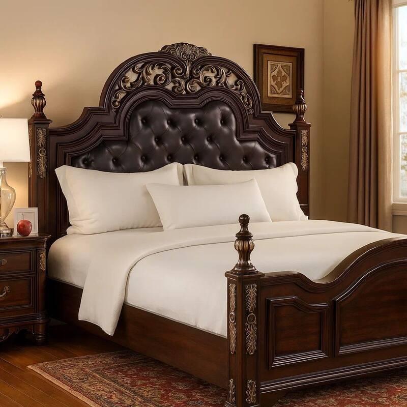 Leatherette and Wood Queen Headboard with Carving and Mirror Inlay, Brown
