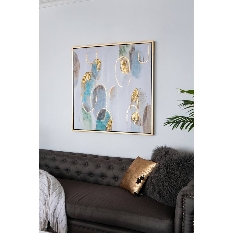 Modern Oil Painting Square Wall Decor with Wooden Frame Canvas Gold Embellishment, for Living Room Dining Room Office