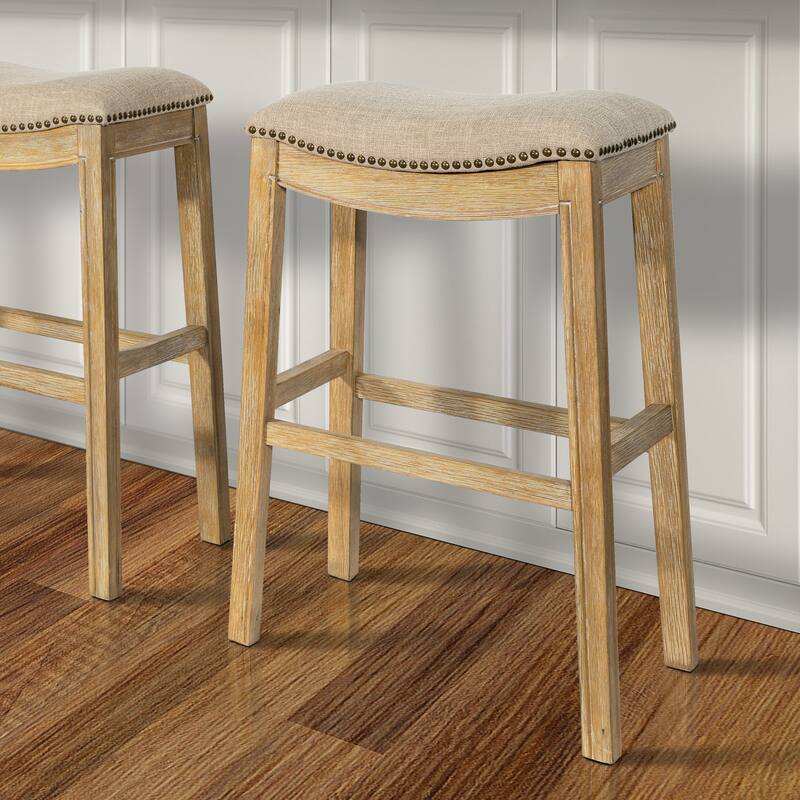 Sadie Saddle-Seat Wood Bar Stool with Upholstered Seat - Weathered Natural - Bar Height