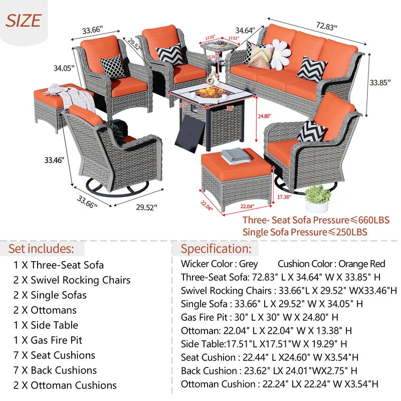 OVIOS 9-piece Patio Wicker Swivel Chair Set With 30" Fire Pit