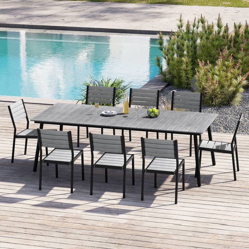9-Piece Aluminum Outdoor Dining Set with Umbrella Hole and Stackable Chairs