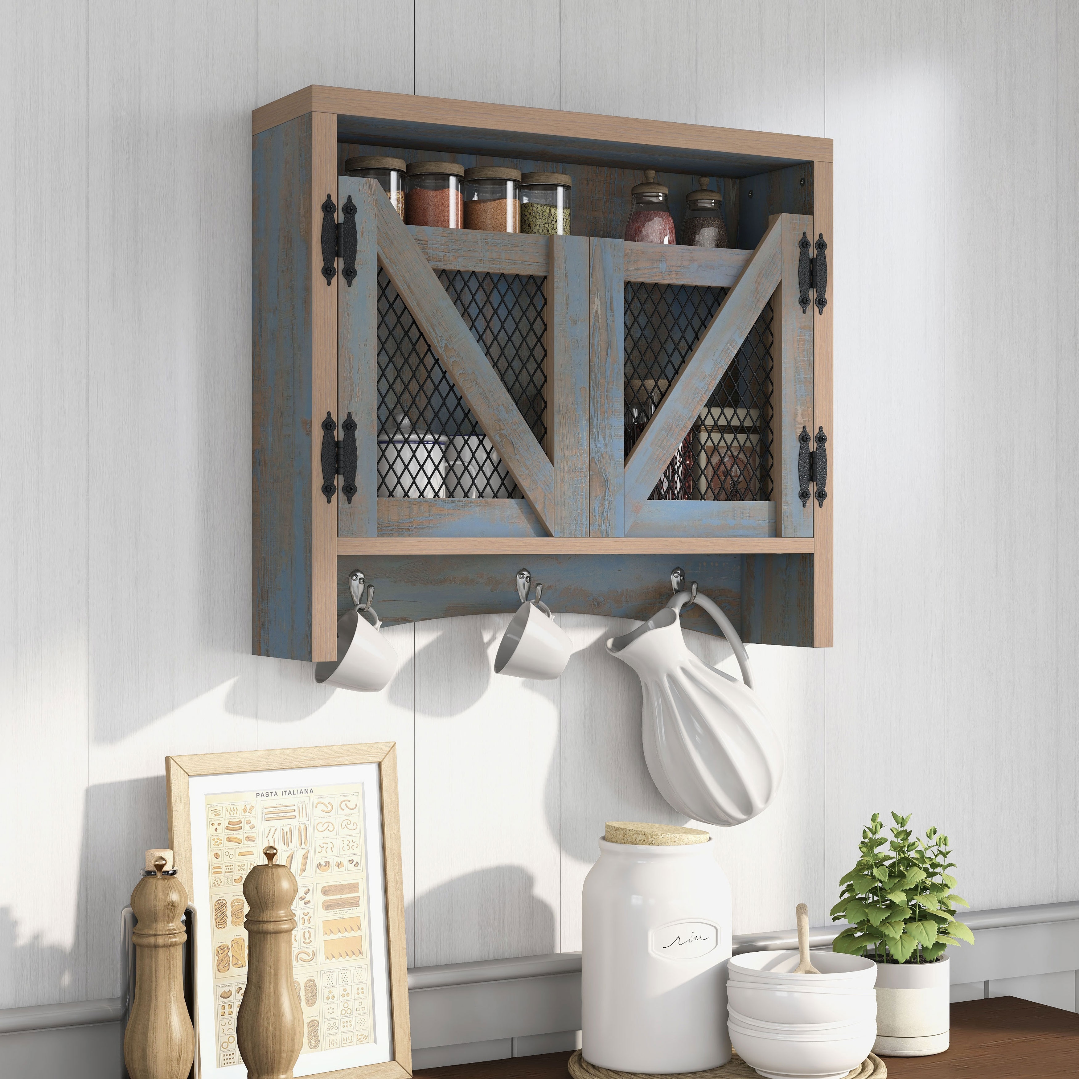 Denhour DH Basic Farmhouse Blue Entryway Wall Organizer with Hooks by, Size: Distressed Blue