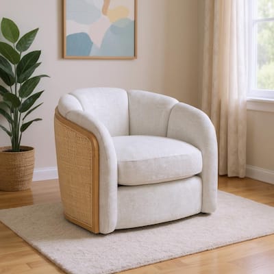 HomeRoots 34" Off White and Natural Fabric Wood And Rattan Swivel Arm Chair - 33.80 in. x 28.10 in. x 31.80 in.