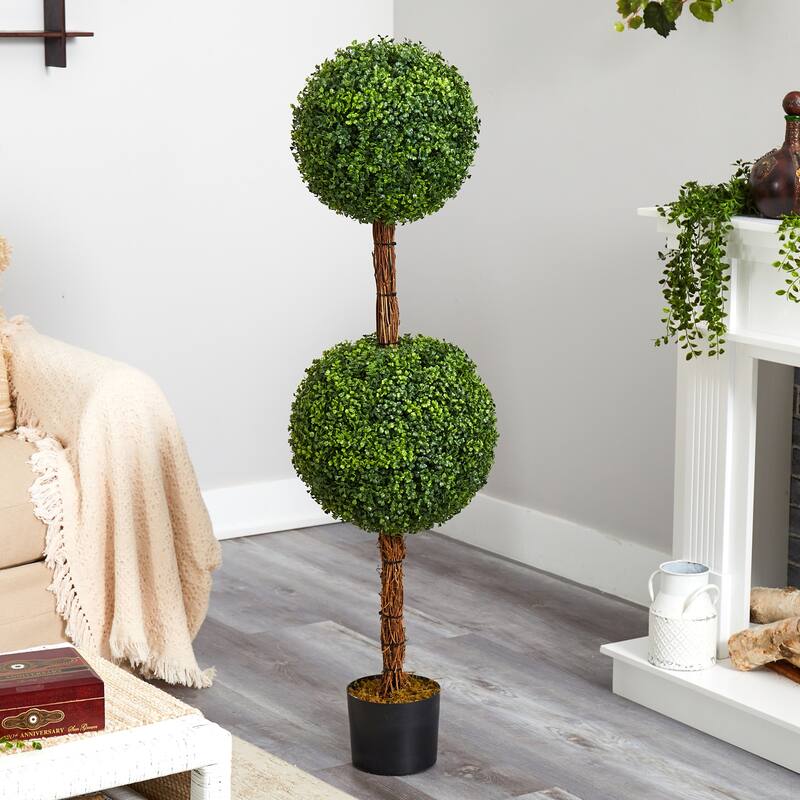 Artificial Topiary Tree - 4.5ft Double Ball Indoor Outdoor Decor - Green - 51-60 Inches