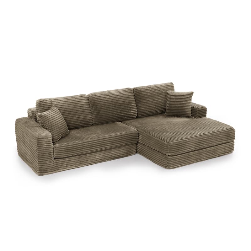 Modern Minimalist L-shape Sectional Sofa with Chaise Lounge Corduroy Compressed Folding Couch Convertible into Floor Bed