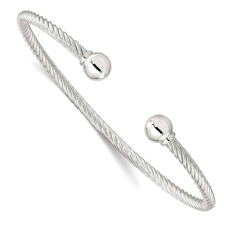 Curata 925 Sterling Silver Twisted Cable Cuff with Ball Endcaps Bangle Bracelet