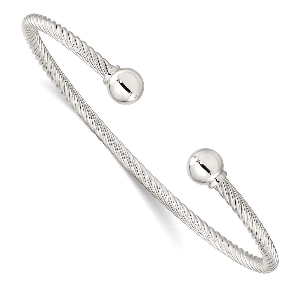 Curata 925 Sterling Silver Twisted Cable Cuff with Ball Endcaps Bangle Bracelet