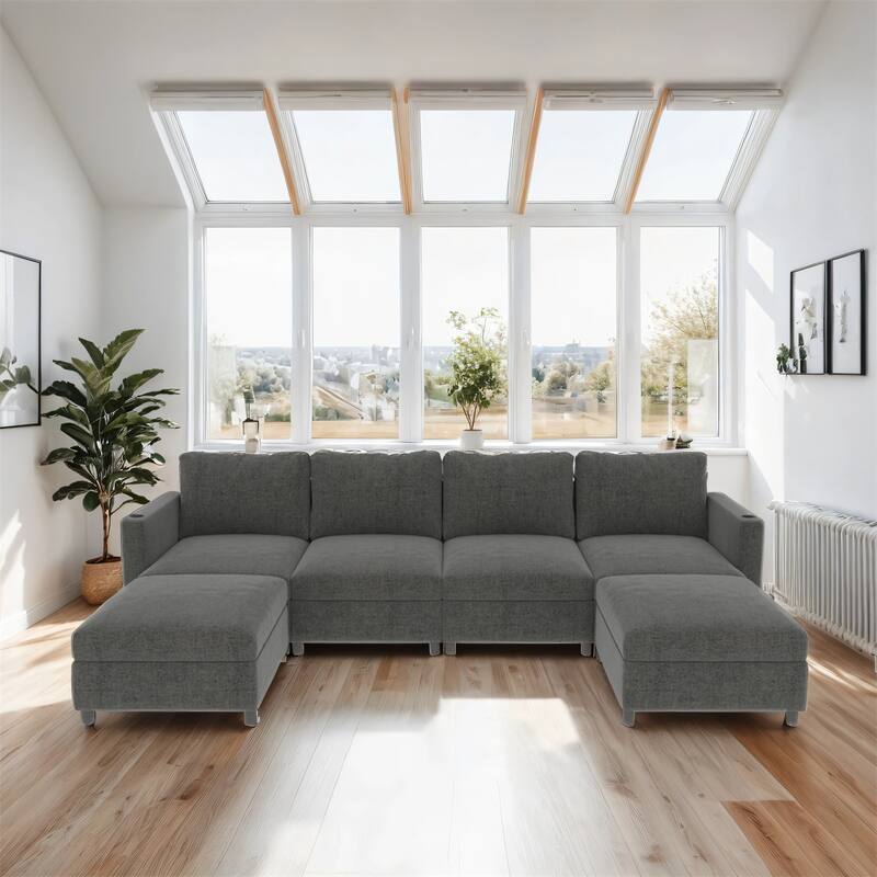 123" U-Shape Modular Sectional Couch with Storage Function, Ottoman