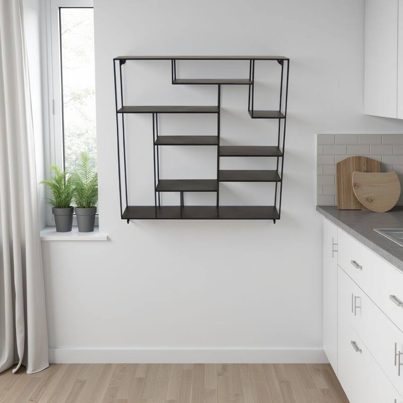 Ryl Storage Wall Rack, 30 Inch Asymmetry Open Shelves, Black Metal