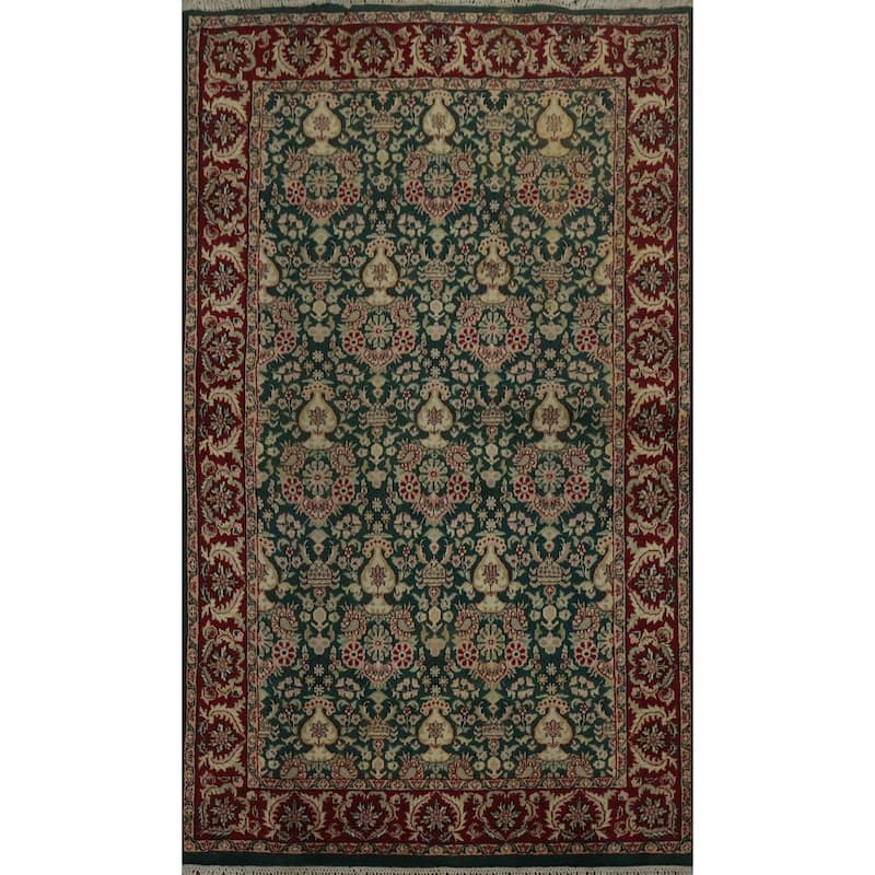 Hand Knotted Oriental 100% Wool Carpet Traditional Floral Green Agra Area Rug - 6' 2'' X 4' 1''