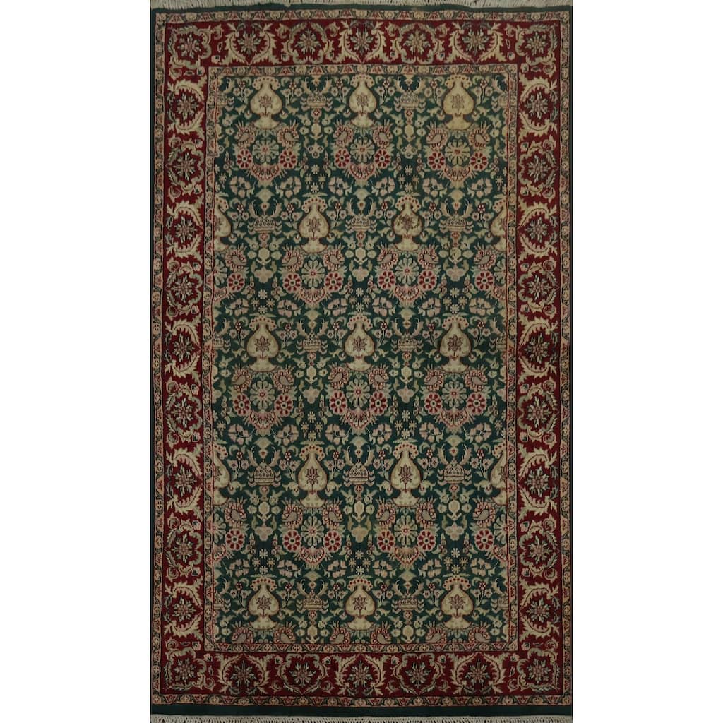Hand Knotted Oriental 100% Wool Carpet Traditional Floral Green Agra Area Rug - 6' 2'' X 4' 1''
