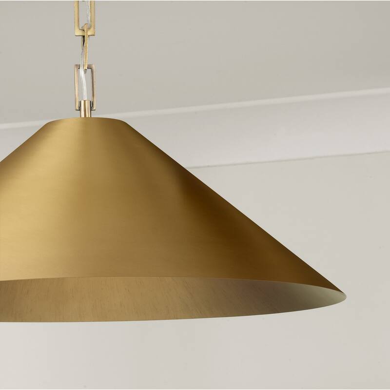 1-Light Metal Cone Pendant in Aged Brass with Painted Brass Interior and Rectangular Designer Chain