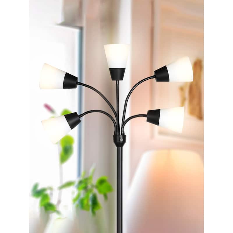 Brightech Medusa Modern 78 in. Classic Black Modern 5-Light Adjustable Gooseneck LED Floor Lamp with 5 Multicolored Cone Shades