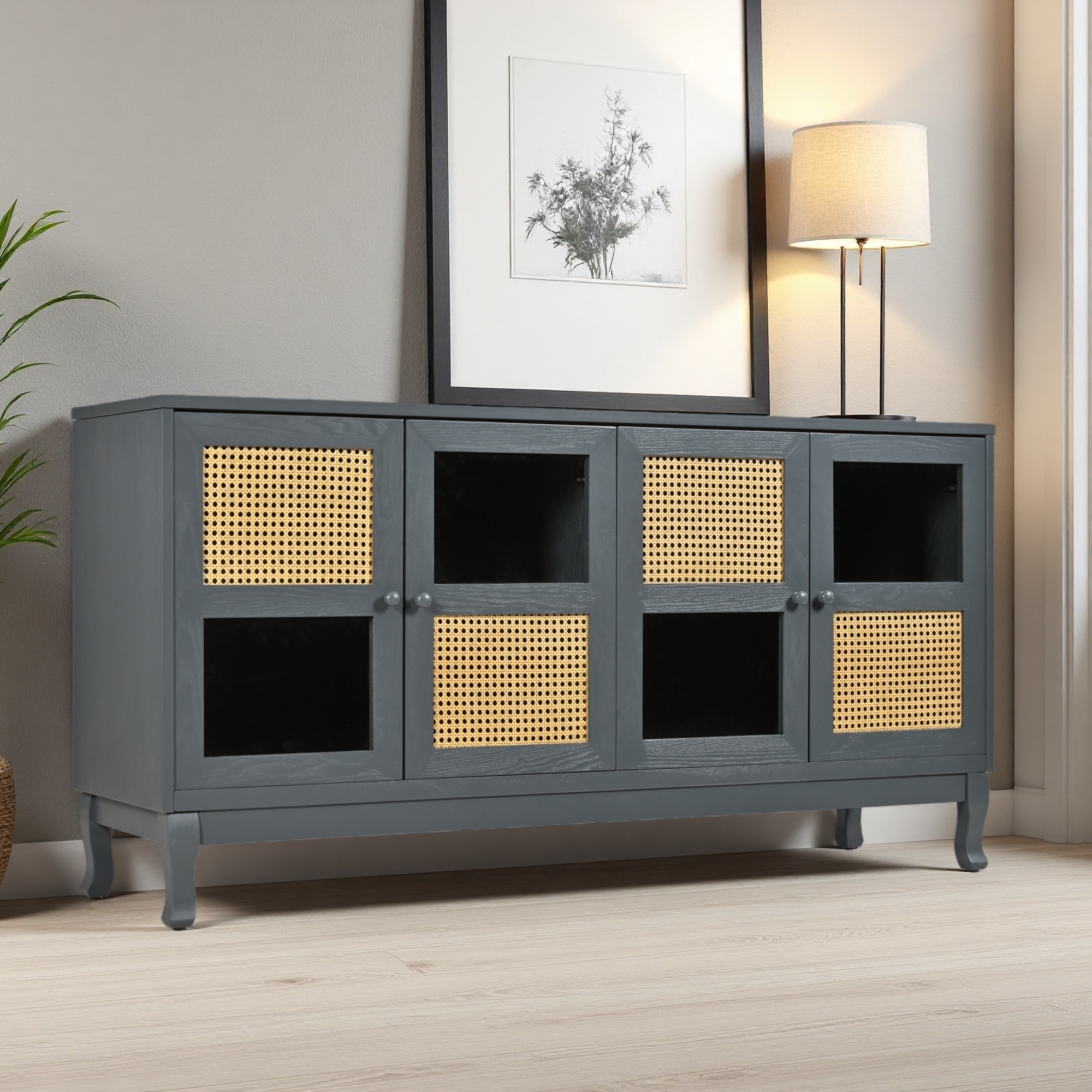 59.84" Retro Sideboard with Rattan & Glass Doors