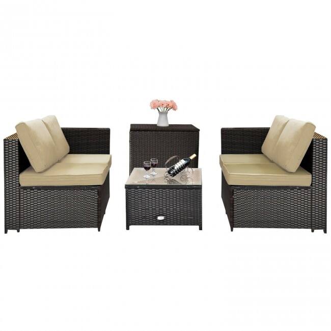 4 Pieces Outdoor Patio Rattan Furniture Set with Cushioned Loveseat and Storage Box - 47.5" x 26" x 26" (L x W x H)