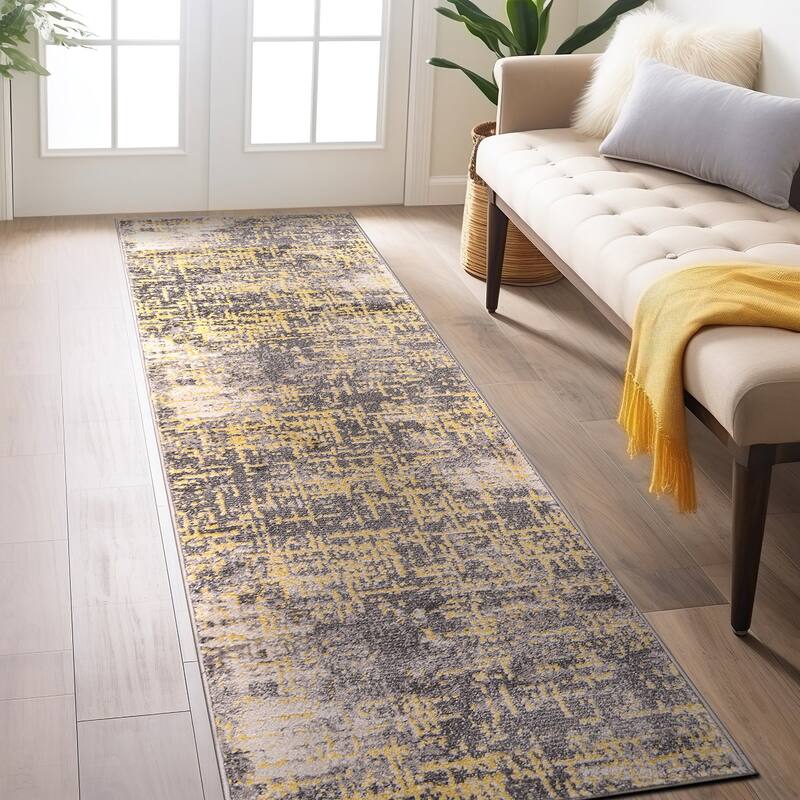World Rug Gallery Distressed Abstract Design Blue Area Rug - 2' x 7' - Yellow - Runner