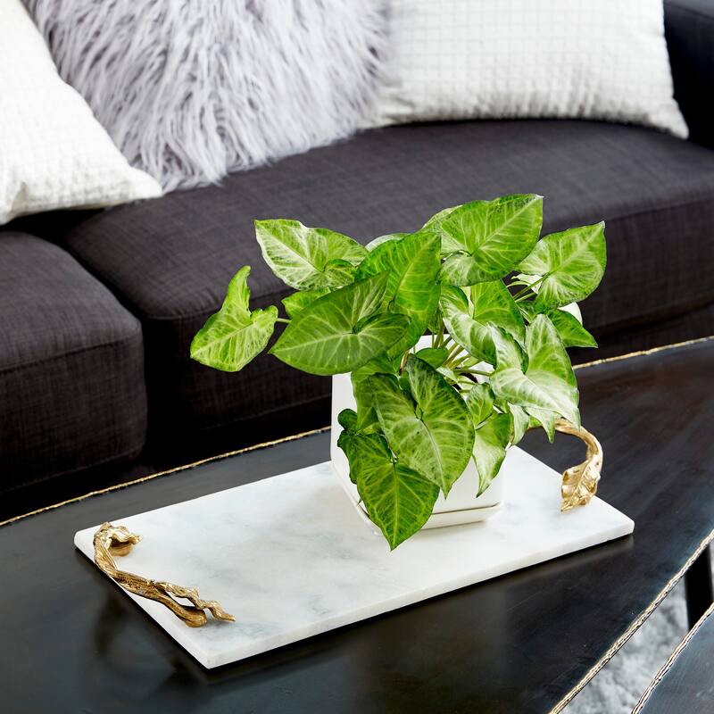 White Marble Oval or Rectangular Tray with Gold Twisted Leaf Handles
