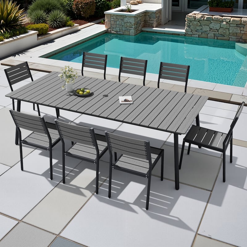 9-piece Outdoor Patio Aluminum Rectangle Dining Set with Chairs Umbrella Hole