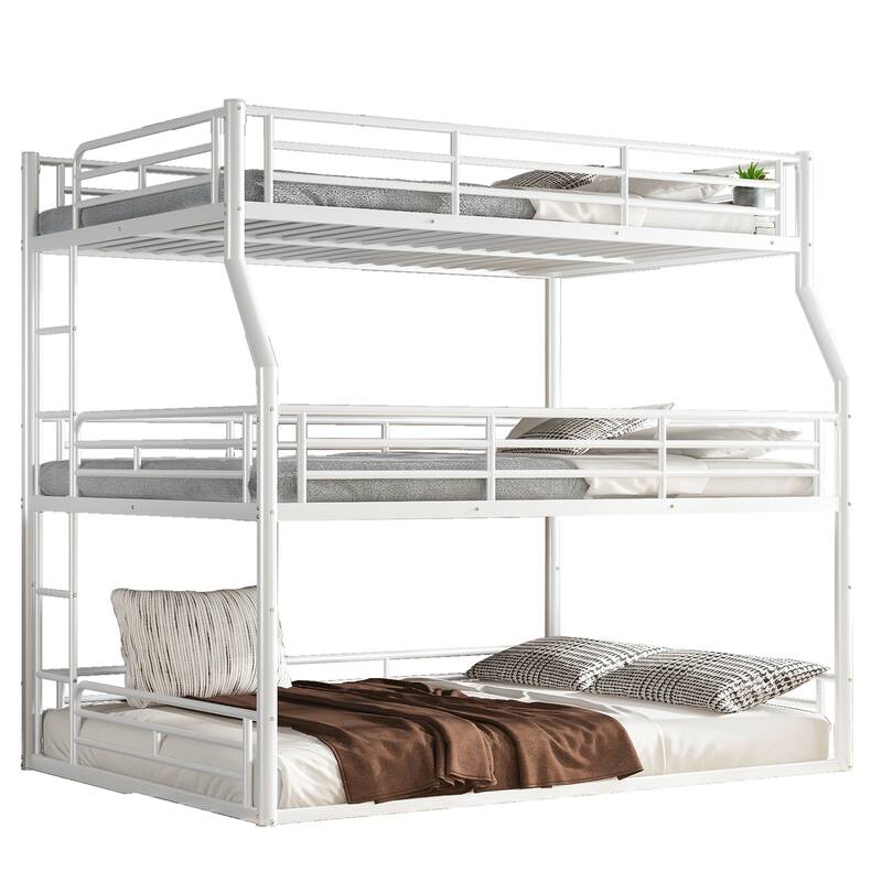 Full XL over Queen over Queen Bunk Bed, Metal Triple Bunk Bed with Safety Guardrails, Bunk Bed with Noise-reduced Design