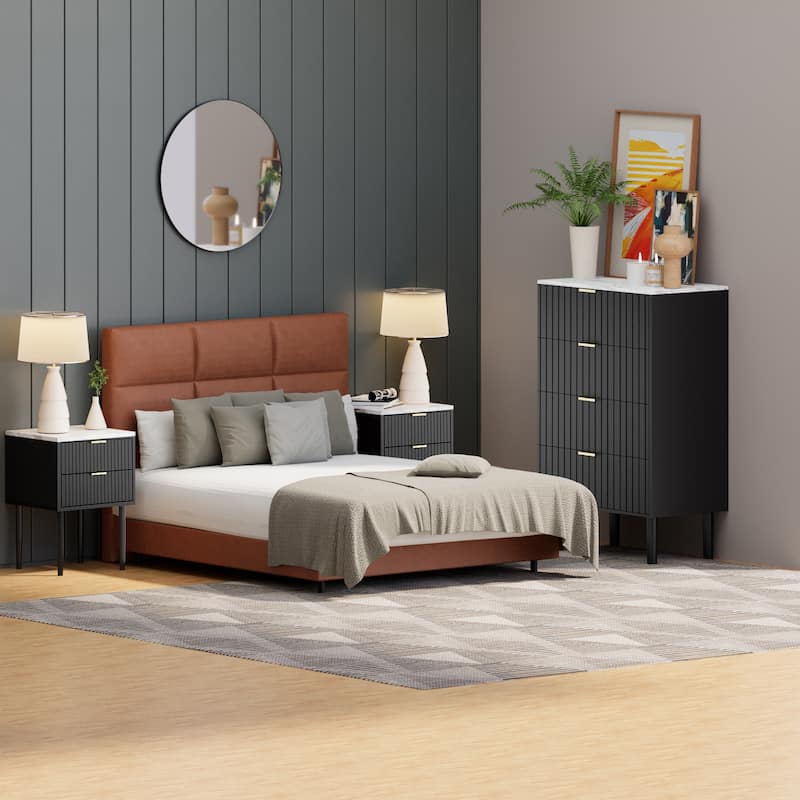 4 Drawers Dresser Storage Imitation Marble Texture Cabinet Organizer - Cabinet+ 2 Nightstands