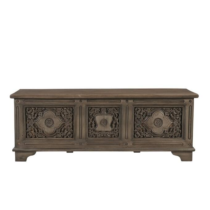 HomeRoots 54" Brown Carved Floral Solid Wood Storage Ottoman