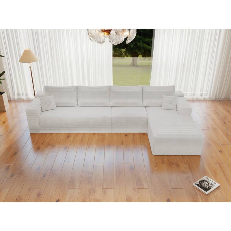 Roomfitters 131.9" Modular Sectional Sofa, 4-Piece Compressed Cloud Couch, No Assembly Required, Plush Corduroy, White