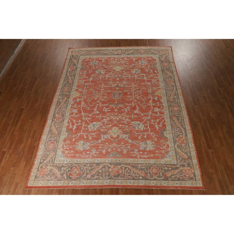 Hand Knotted Oriental 100% Wool Carpet Transitional All-Over Oranges & Rust Oushak Area Rug - 12' 7'' X 9' 0''