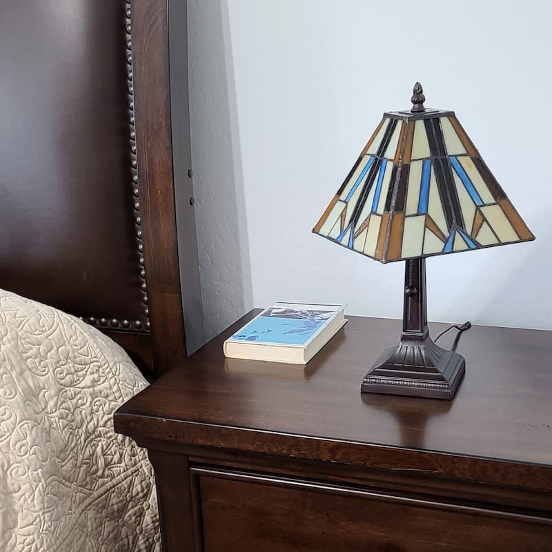 Tiffany Style Mini Accent Lamp Mission Bedside Nightstand Handmade Pull Chain 15" Tall 8" Wide Gift AM100TL08B Amora Lighting