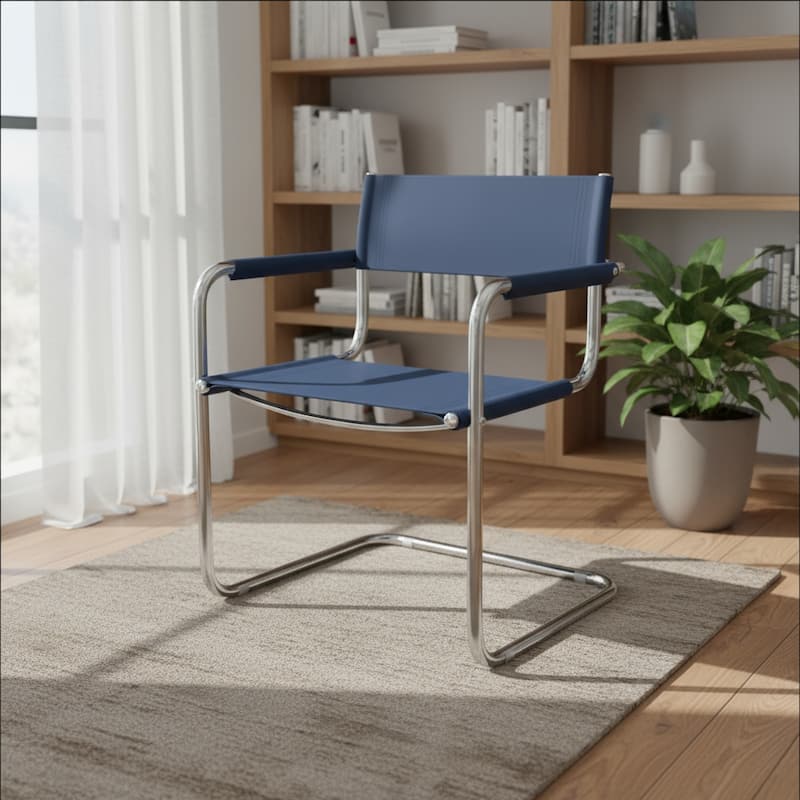 HomeRoots 23" Navy Blue and Silver Leather and Stainless Steel Arm Chair - 22.95 in. x 31.30 in. x 23.62 in. - 22.95 in. x 31.30 in.  x 23.62 in.