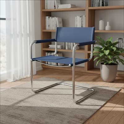 HomeRoots 23" Navy Blue and Silver Leather and Stainless Steel Arm Chair - 22.95 in. x 31.30 in. x 23.62 in.