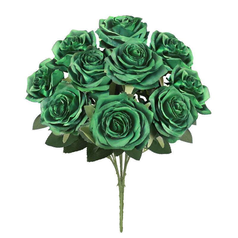 Set of 2 Artificial Queen Rose Flower Stem Bush Bouquet 18in - 18" L x 11.5" W x 11.5" DP - Emerald Green