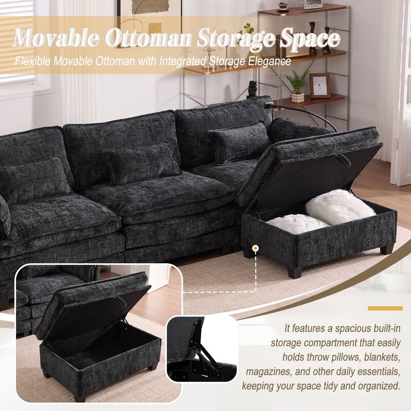 HOMEFUN Chenille Upholstered L-shaped Phone Holder Modular Sectional Sleeper Sofa with Movable Storage Ottoman